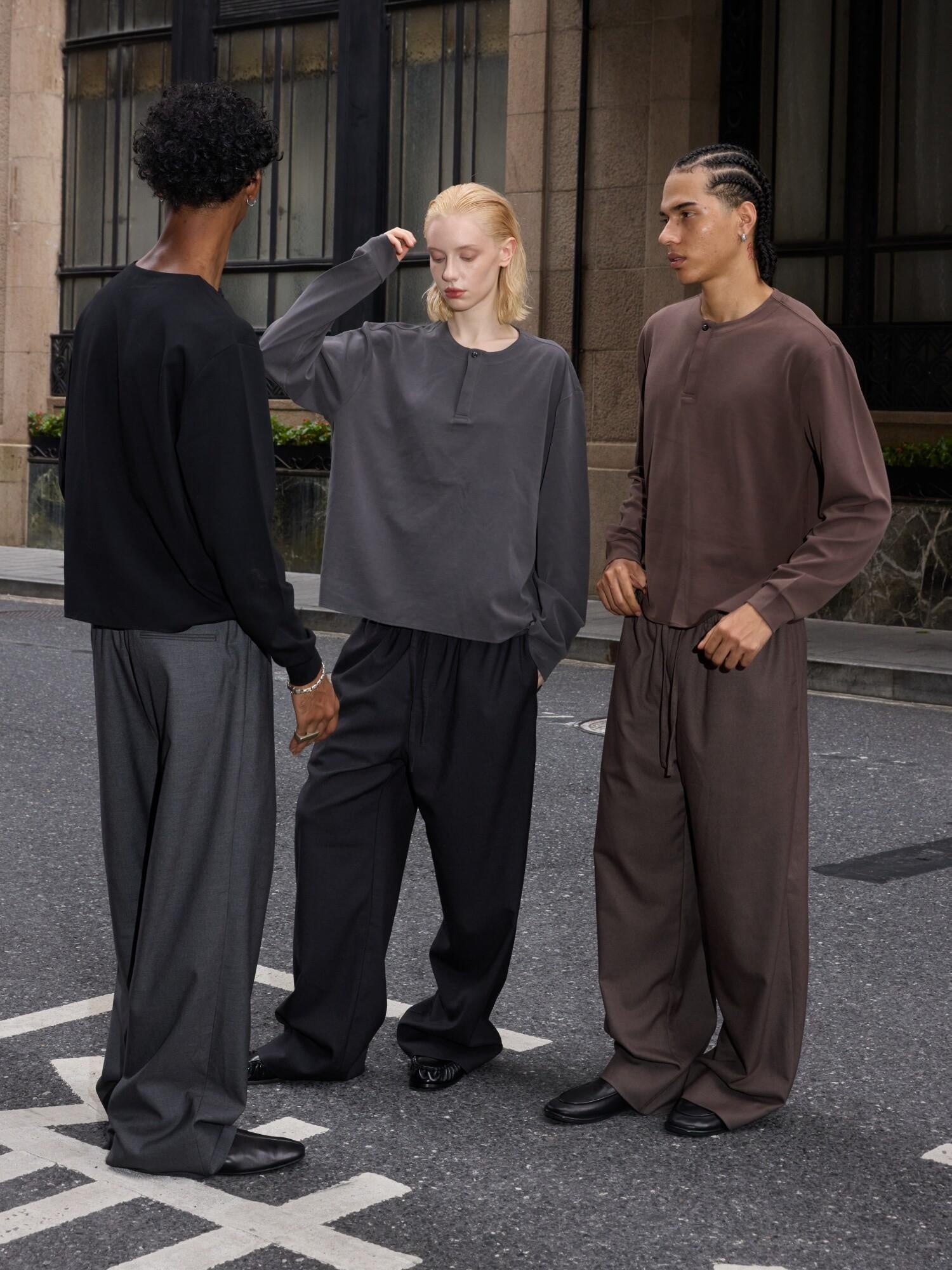 VLABMADE Mercerized Wool Blend Loose Straight Shape Retaining Drawstring Casual Trousers