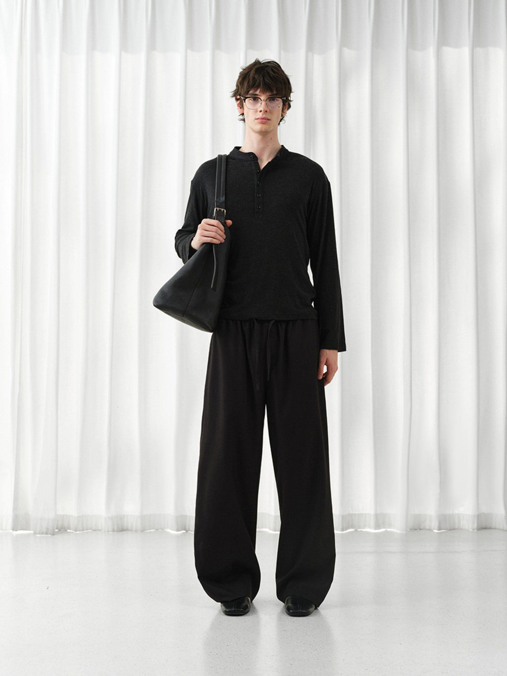 VLABMADE Mercerized Wool Blend Loose Straight Shape Retaining Drawstring Casual Trousers