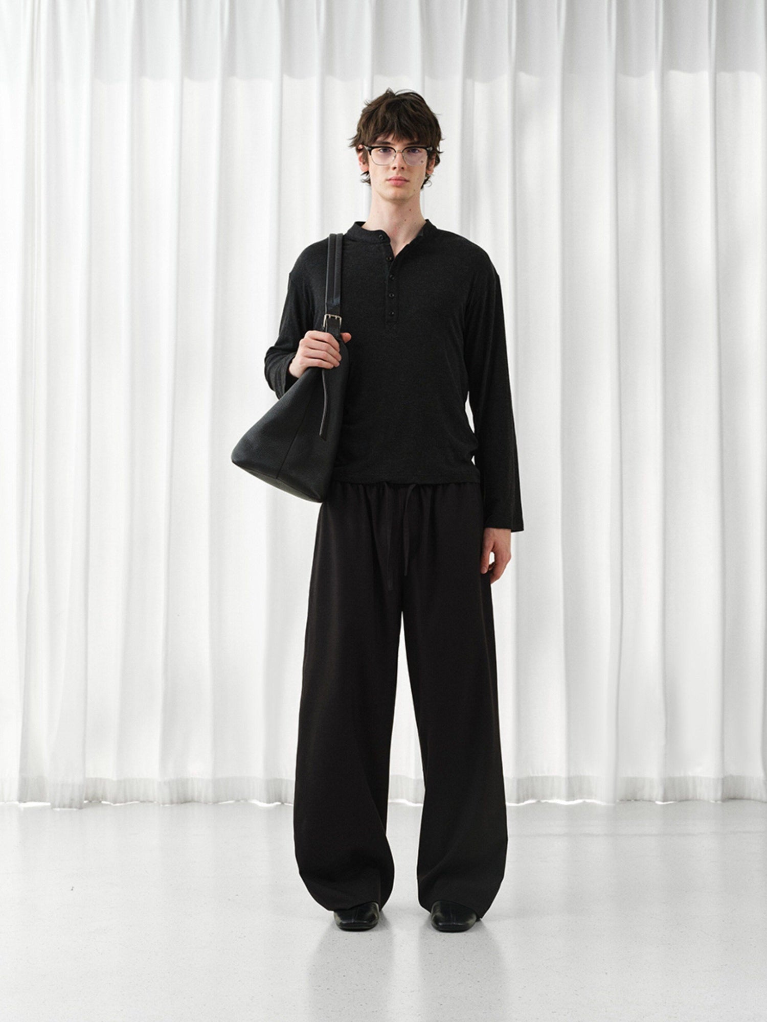 VLABMADE Mercerized Wool Blend Loose Straight Shape Retaining Drawstring Casual Trousers