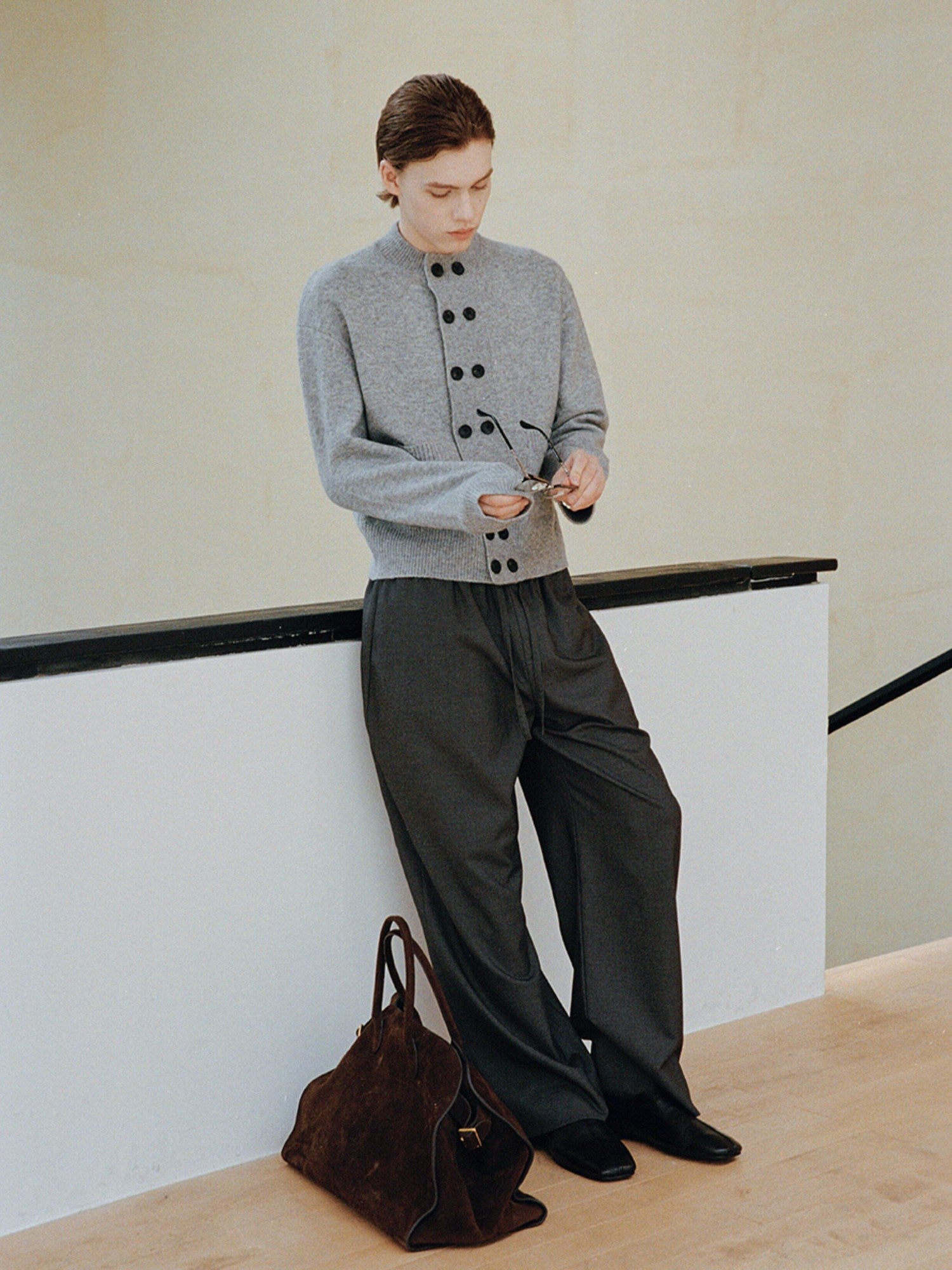 VLABMADE Mercerized Wool Blend Loose Straight Shape Retaining Drawstring Casual Trousers