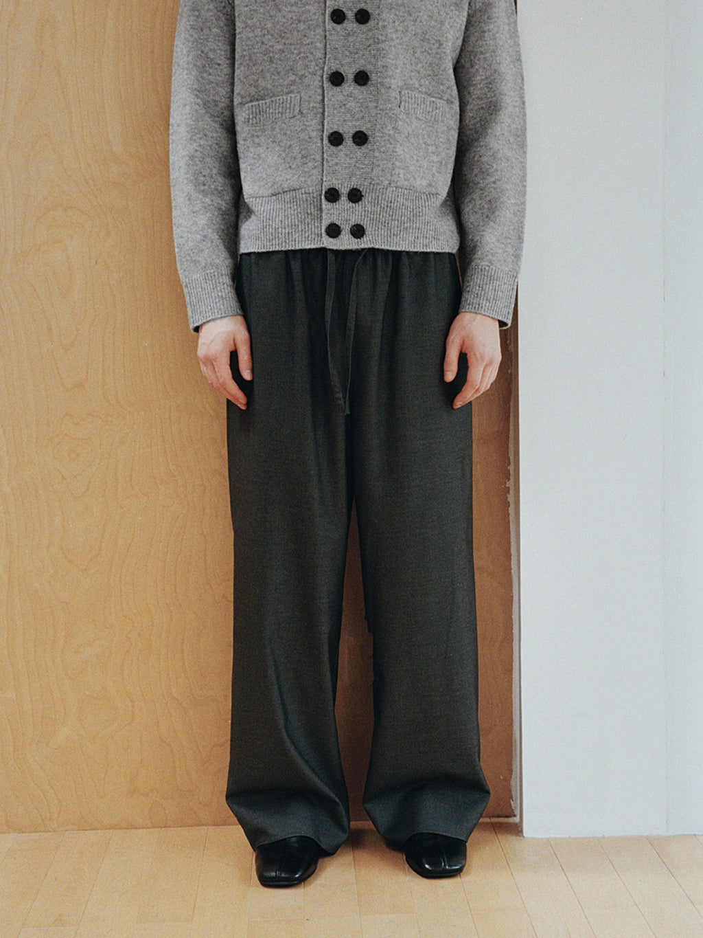 VLABMADE Mercerized Wool Blend Loose Straight Shape Retaining Drawstring Casual Trousers