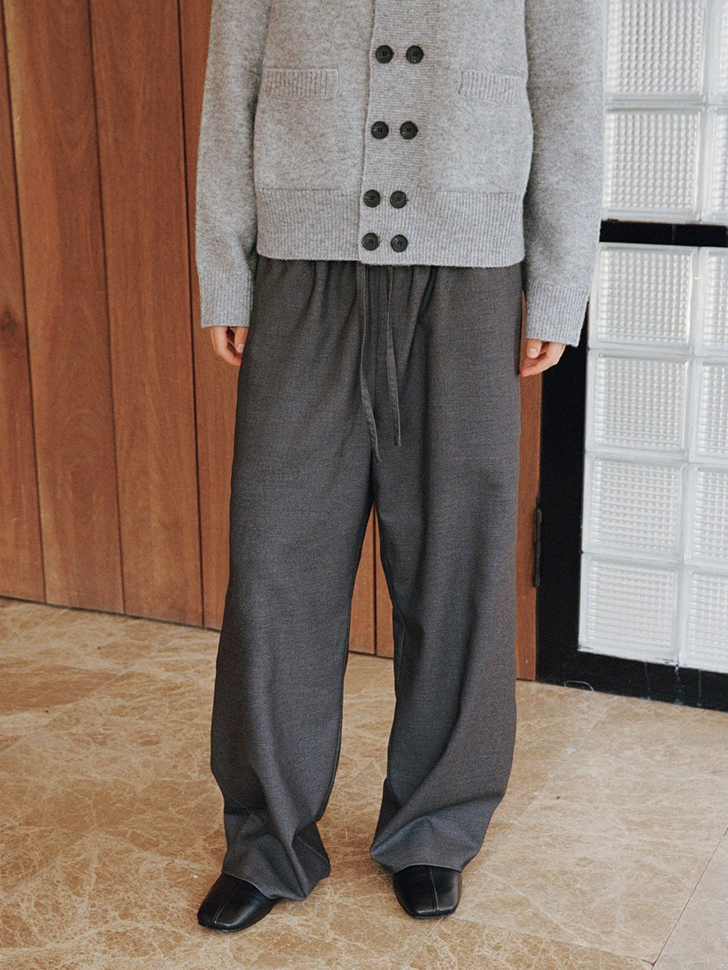 VLABMADE Mercerized Wool Blend Loose Straight Shape Retaining Drawstring Casual Trousers
