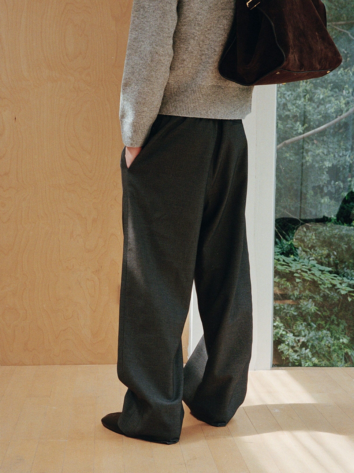 VLABMADE Mercerized Wool Blend Loose Straight Shape Retaining Drawstring Casual Trousers