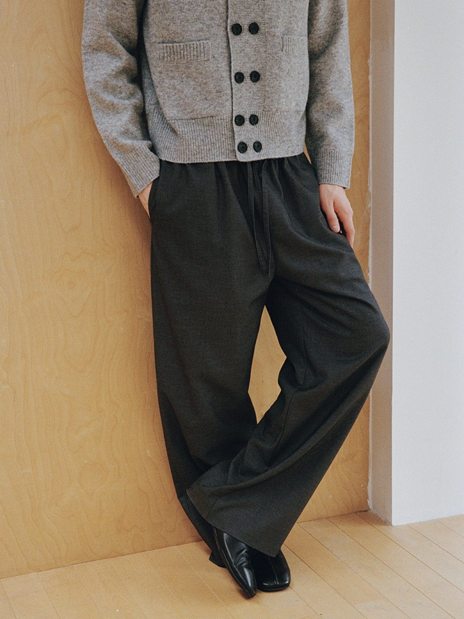 VLABMADE Mercerized Wool Blend Loose Straight Shape Retaining Drawstring Casual Trousers