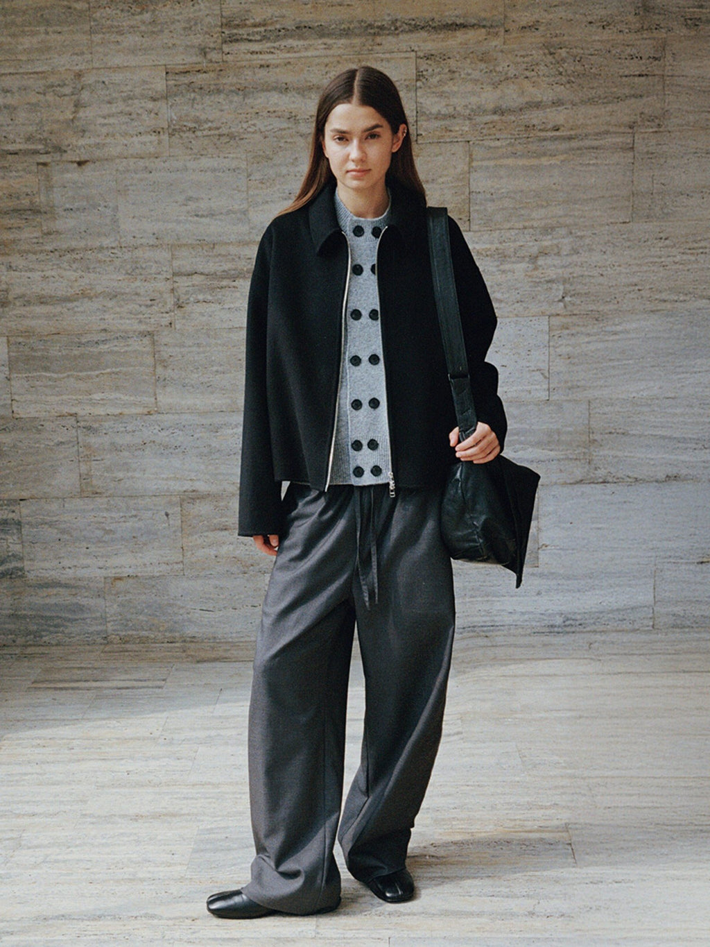 VLABMADE Mercerized Wool Blend Loose Straight Shape Retaining Drawstring Casual Trousers