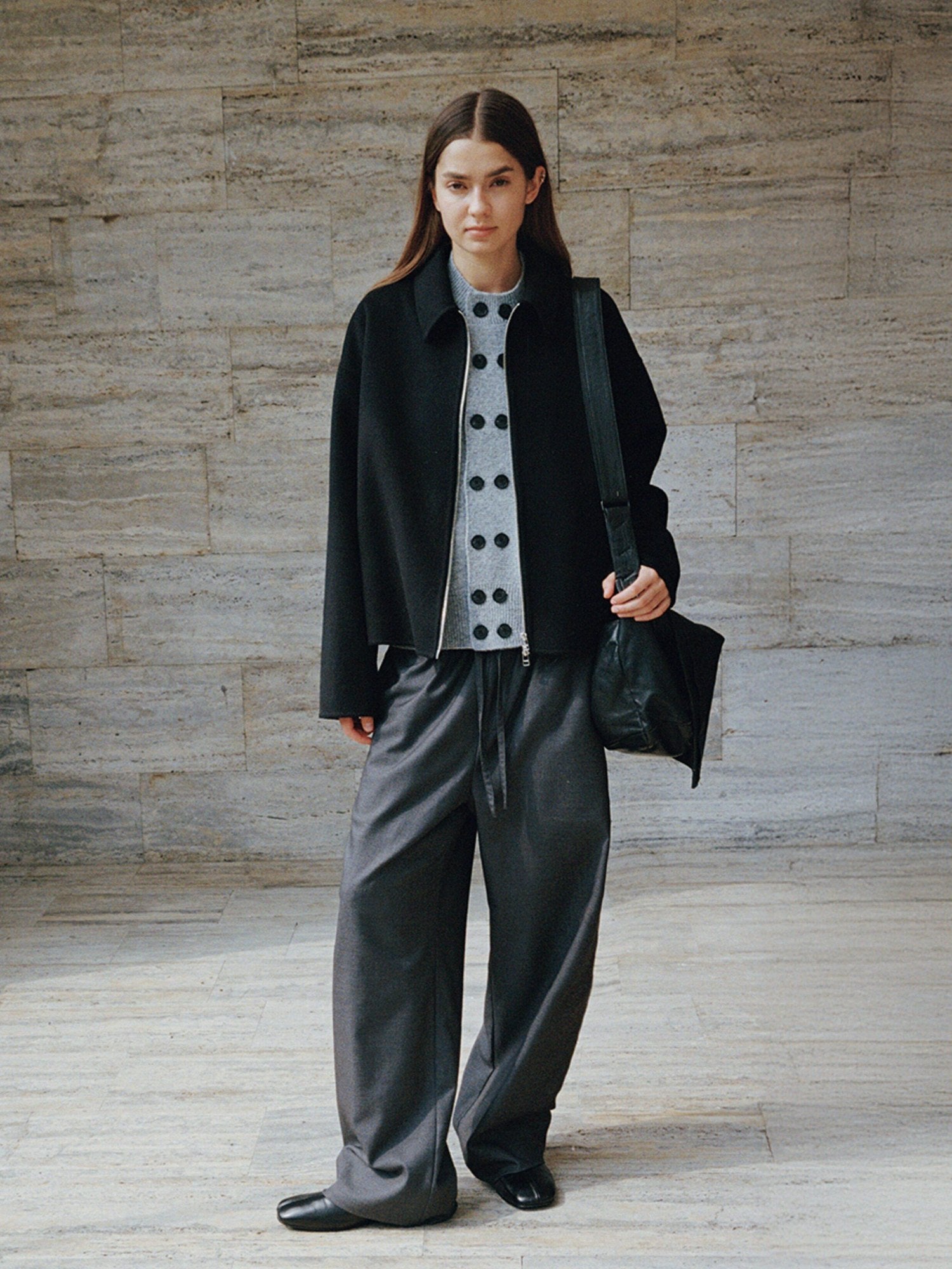 VLABMADE Mercerized Wool Blend Loose Straight Shape Retaining Drawstring Casual Trousers