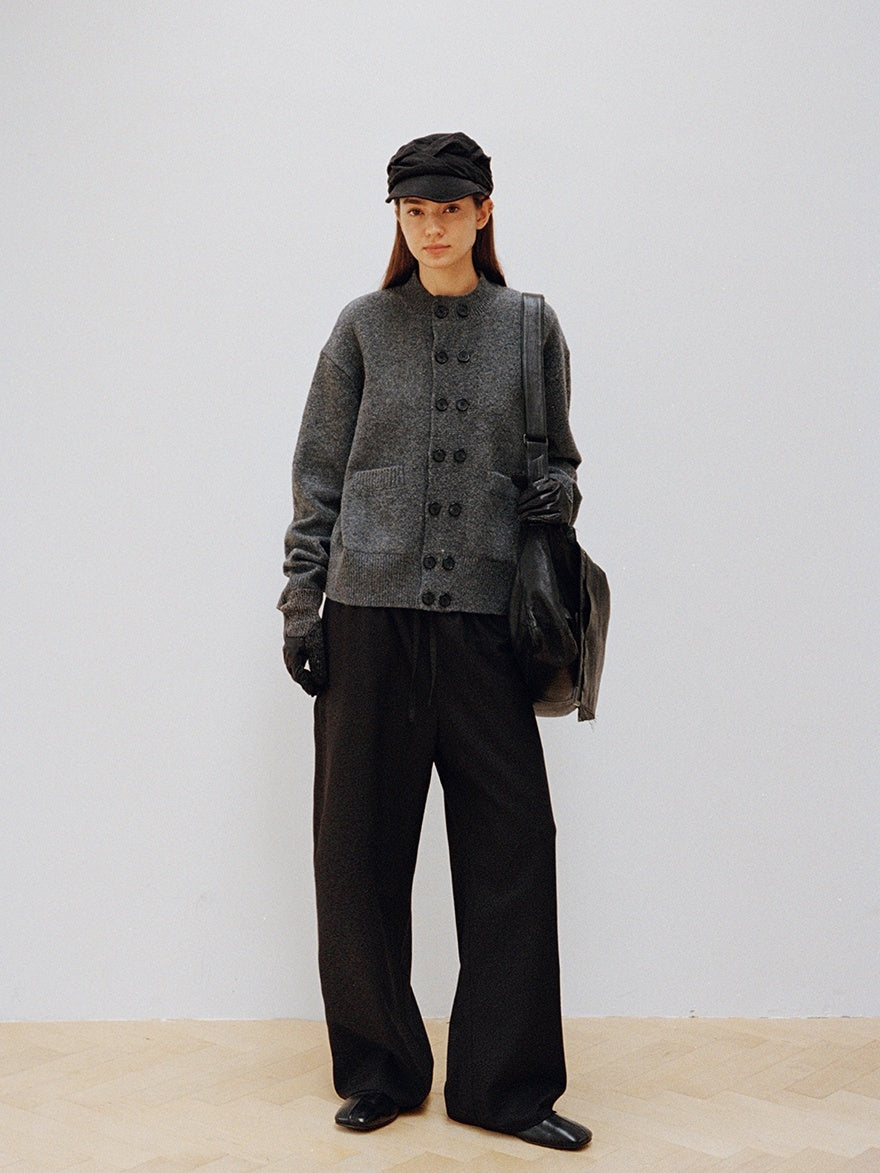 VLABMADE Mercerized Wool Blend Loose Straight Shape Retaining Drawstring Casual Trousers