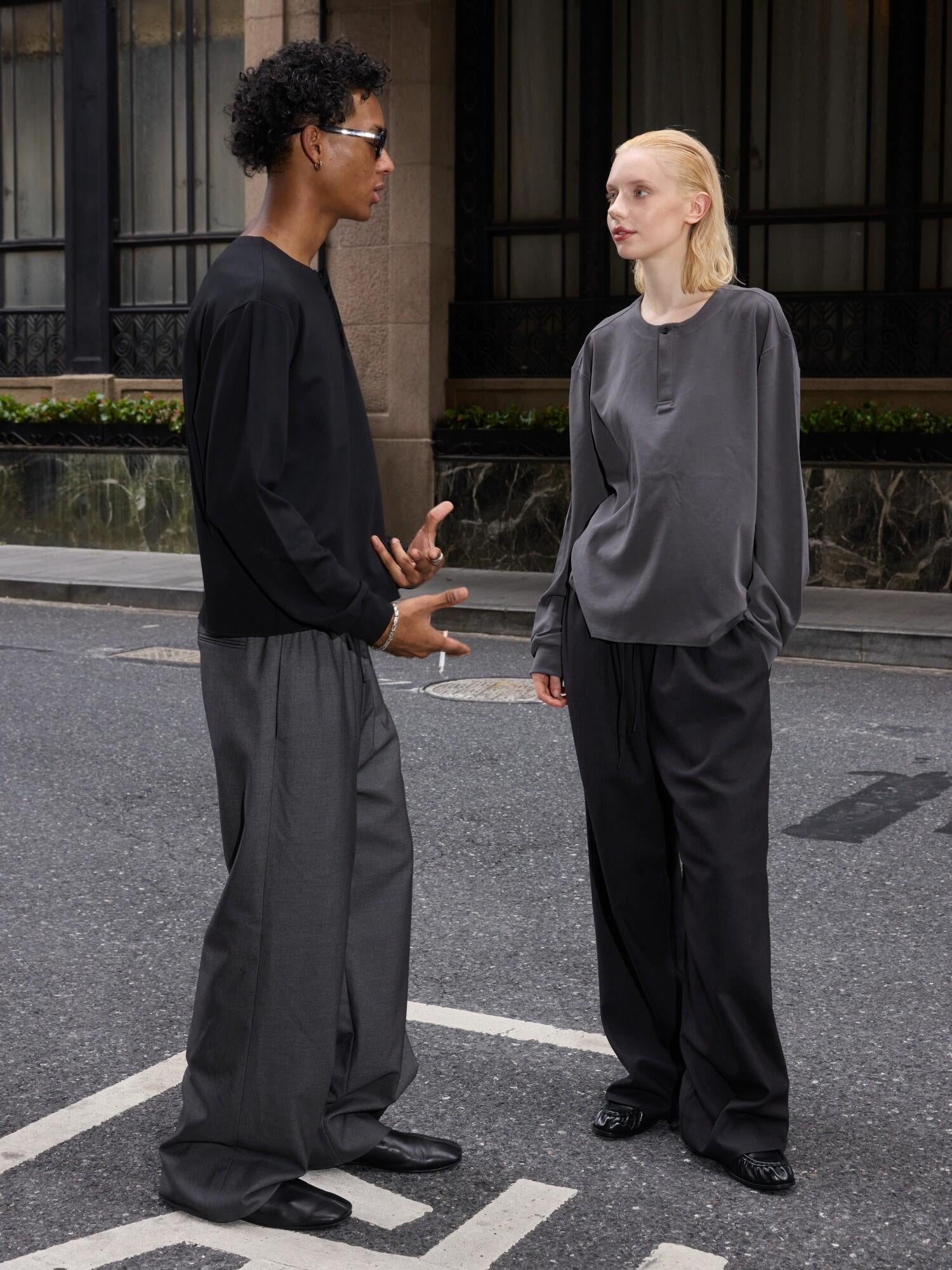 VLABMADE Mercerized Wool Blend Loose Straight Shape Retaining Drawstring Casual Trousers