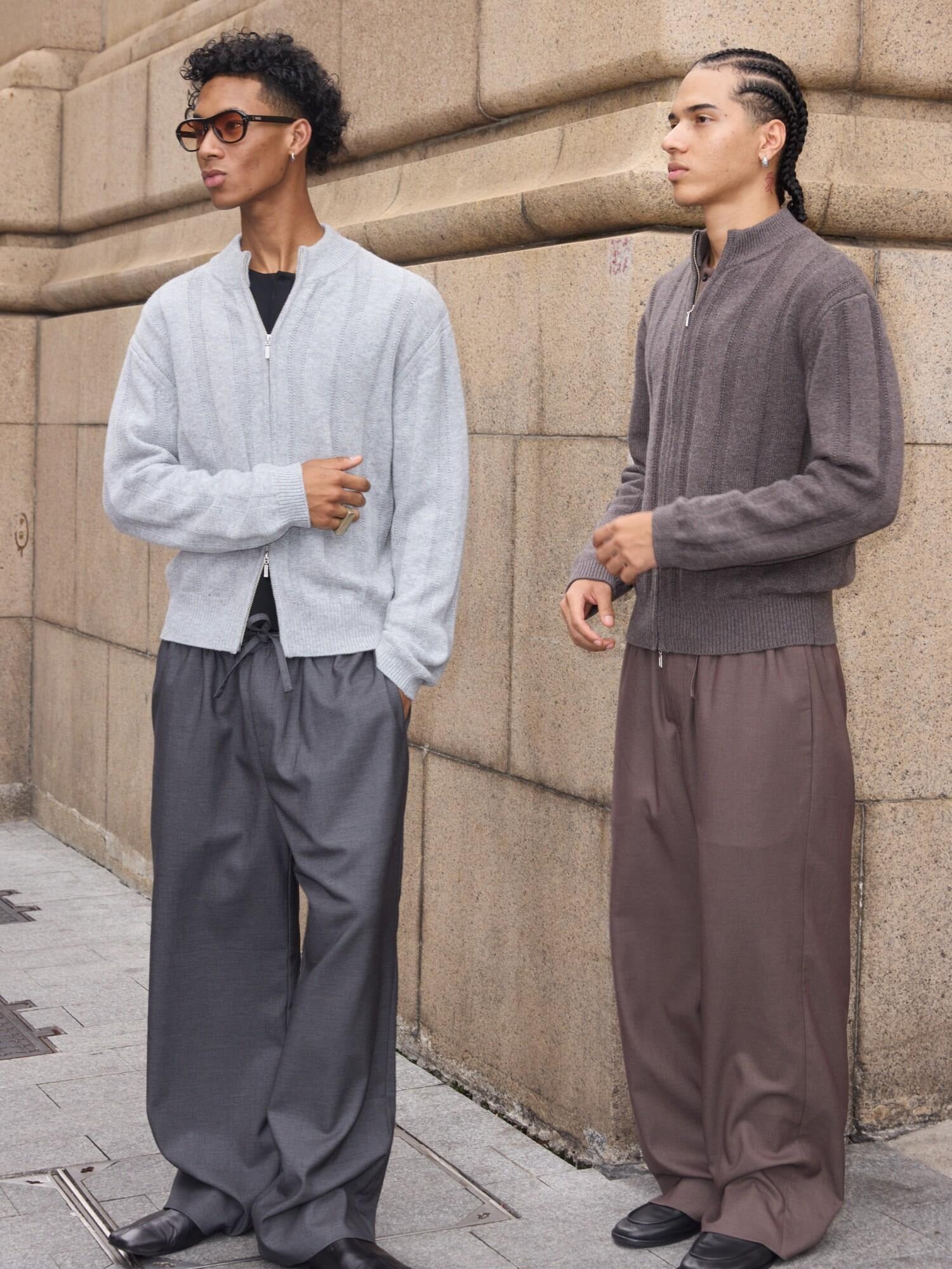 VLABMADE Mercerized Wool Blend Loose Straight Shape Retaining Drawstring Casual Trousers