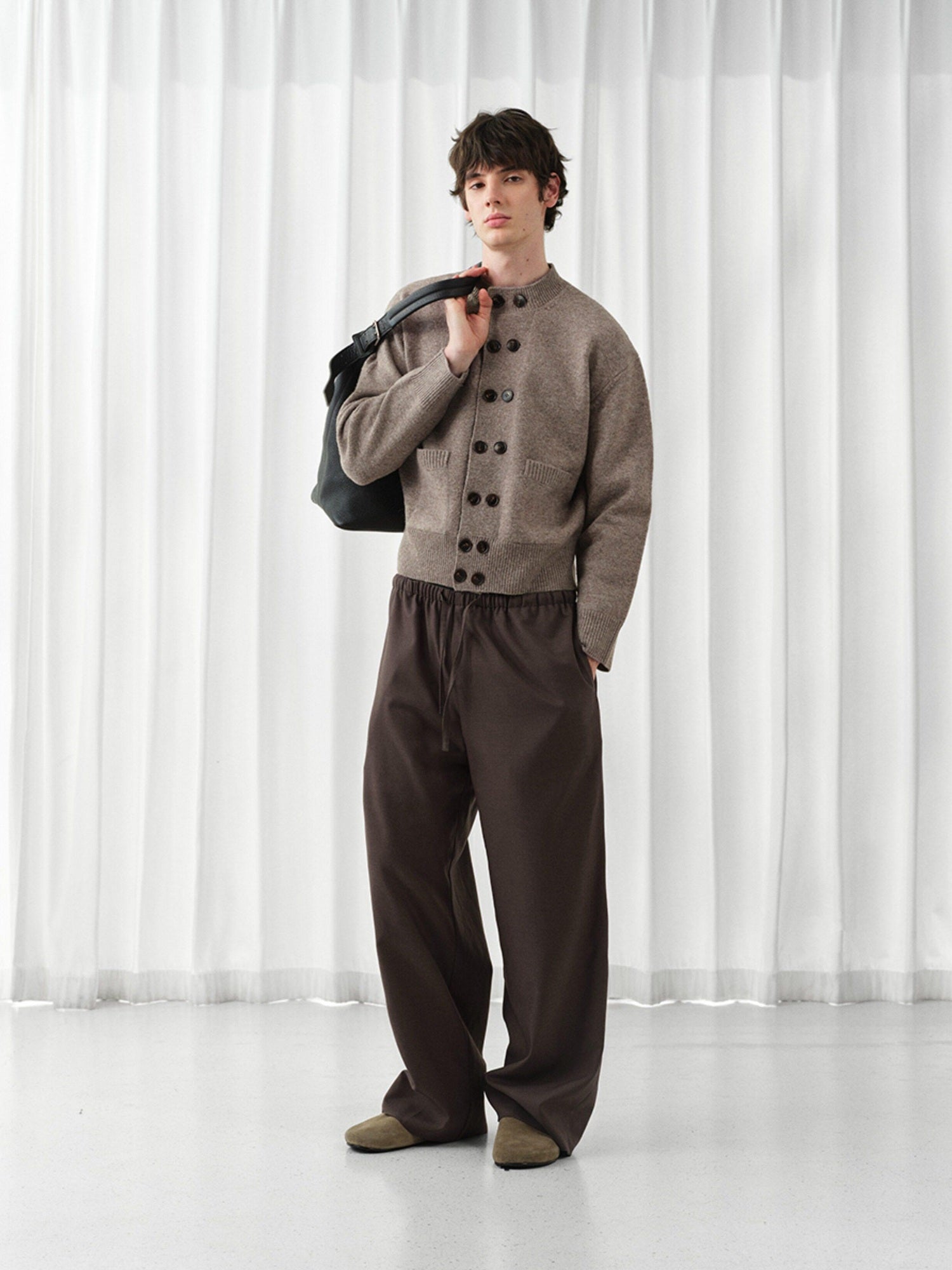 VLABMADE Mercerized Wool Blend Loose Straight Shape Retaining Drawstring Casual Trousers