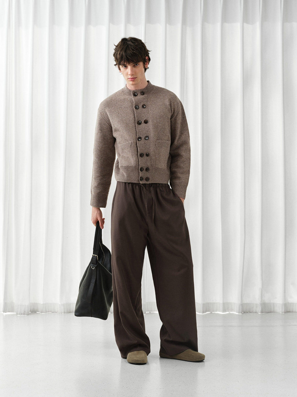 VLABMADE Mercerized Wool Blend Loose Straight Shape Retaining Drawstring Casual Trousers