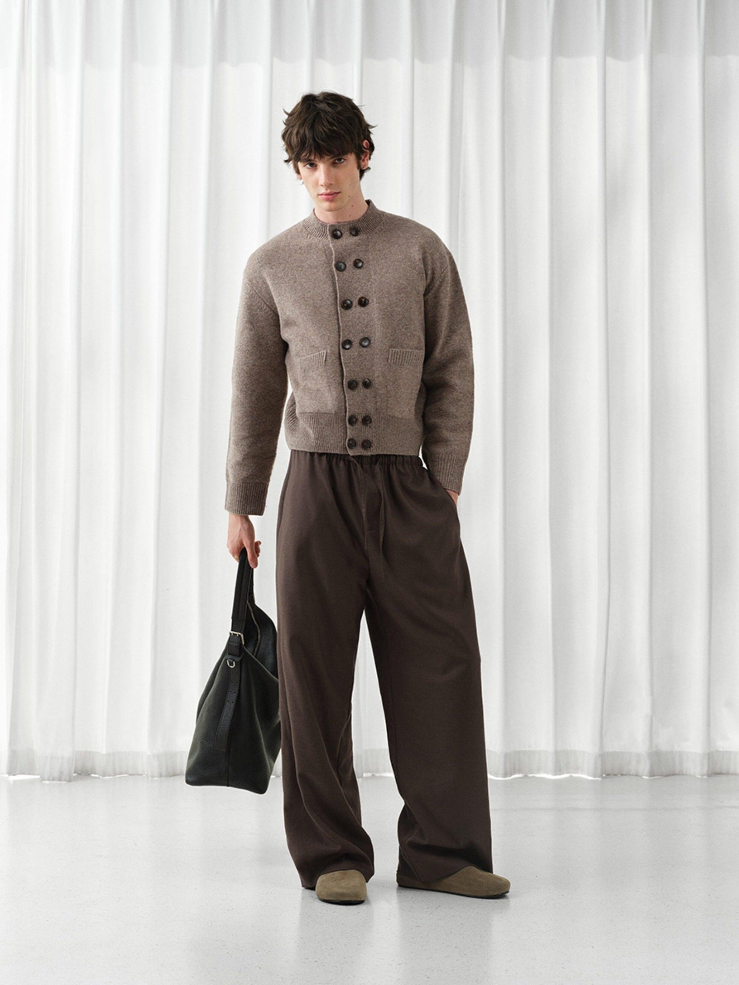 VLABMADE Mercerized Wool Blend Loose Straight Shape Retaining Drawstring Casual Trousers
