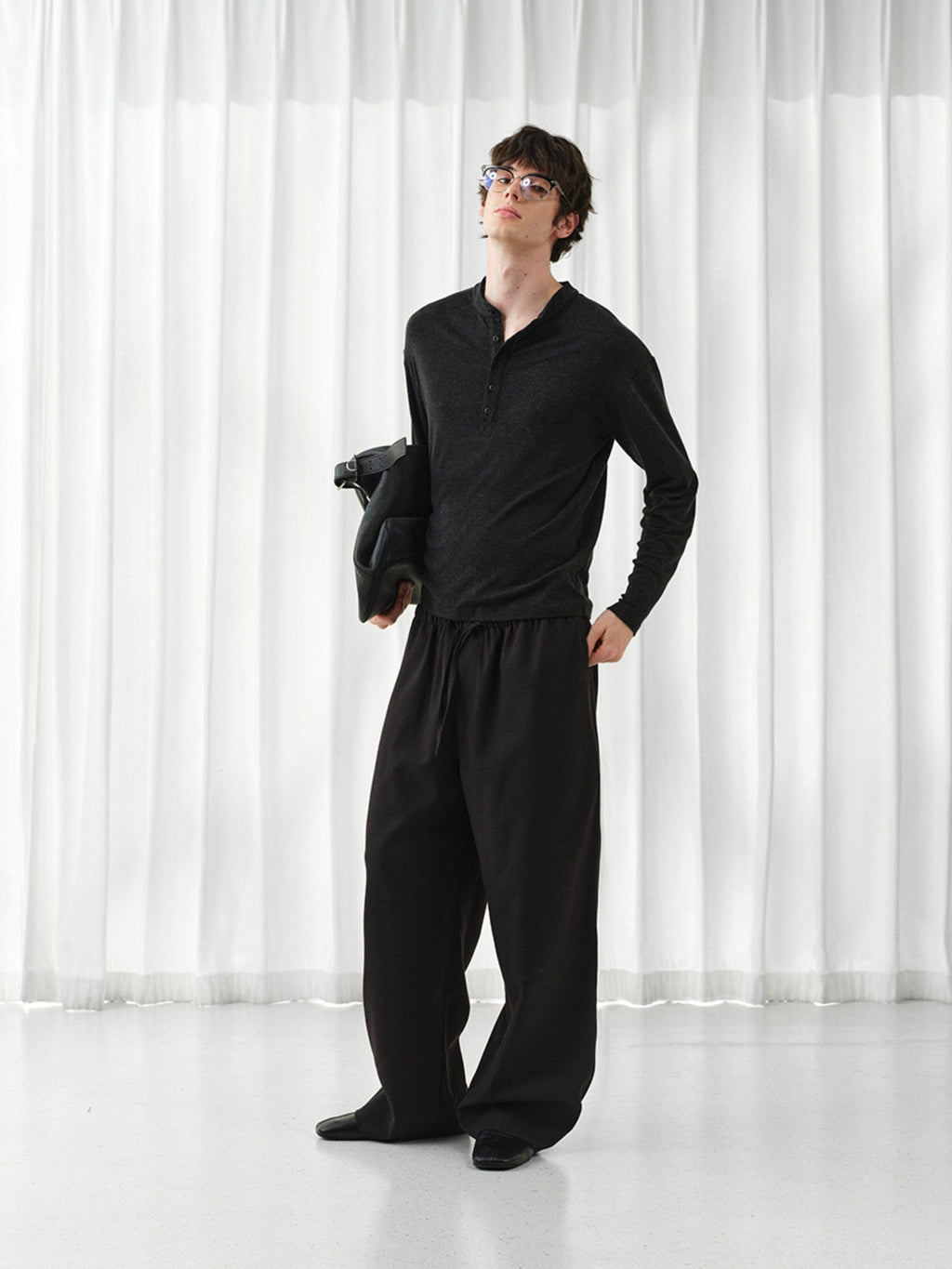 VLABMADE Mercerized Wool Blend Loose Straight Shape Retaining Drawstring Casual Trousers