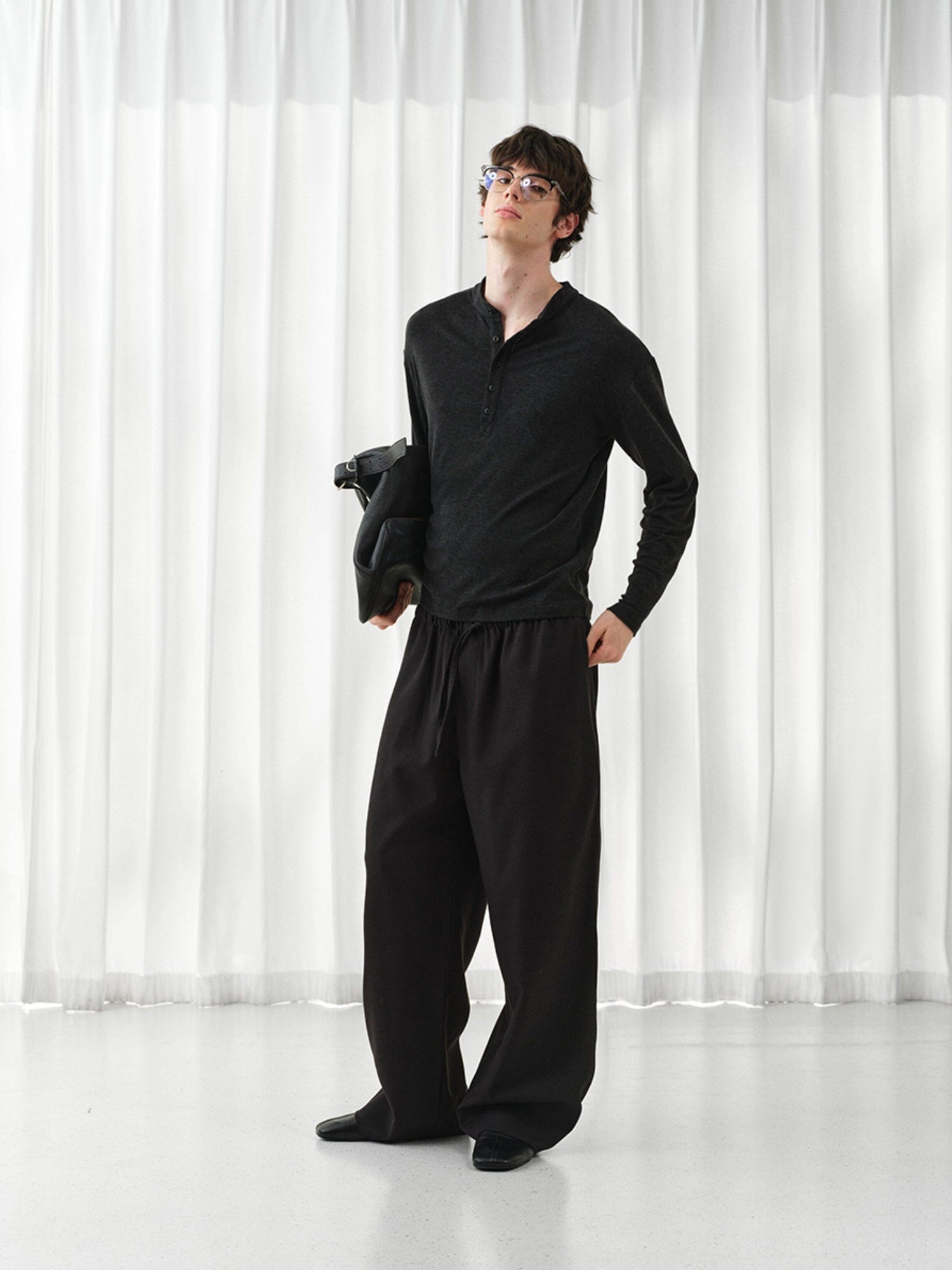 VLABMADE Mercerized Wool Blend Loose Straight Shape Retaining Drawstring Casual Trousers