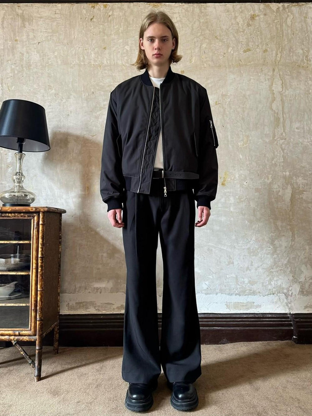 VLABMADE Non Iron High Waist Wide Leg Flare Pocket Casual Polyester Pleated Trousers