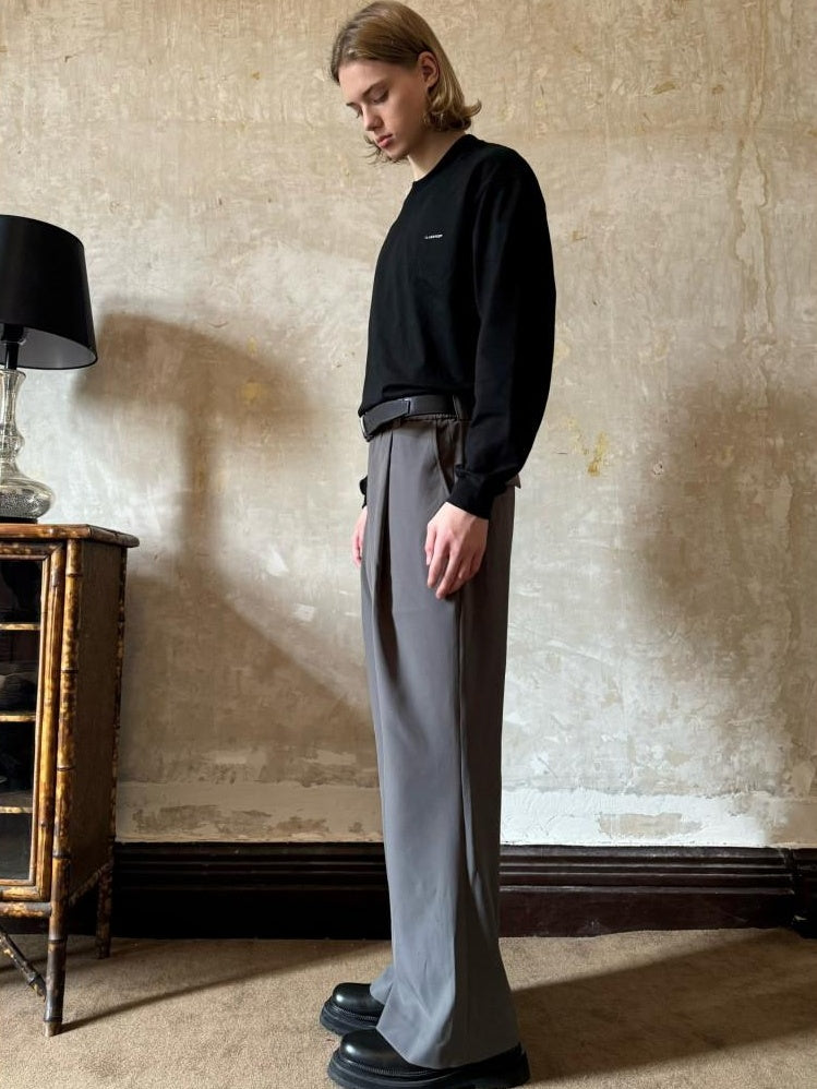 VLABMADE Non Iron High Waist Wide Leg Flare Pocket Casual Polyester Pleated Trousers