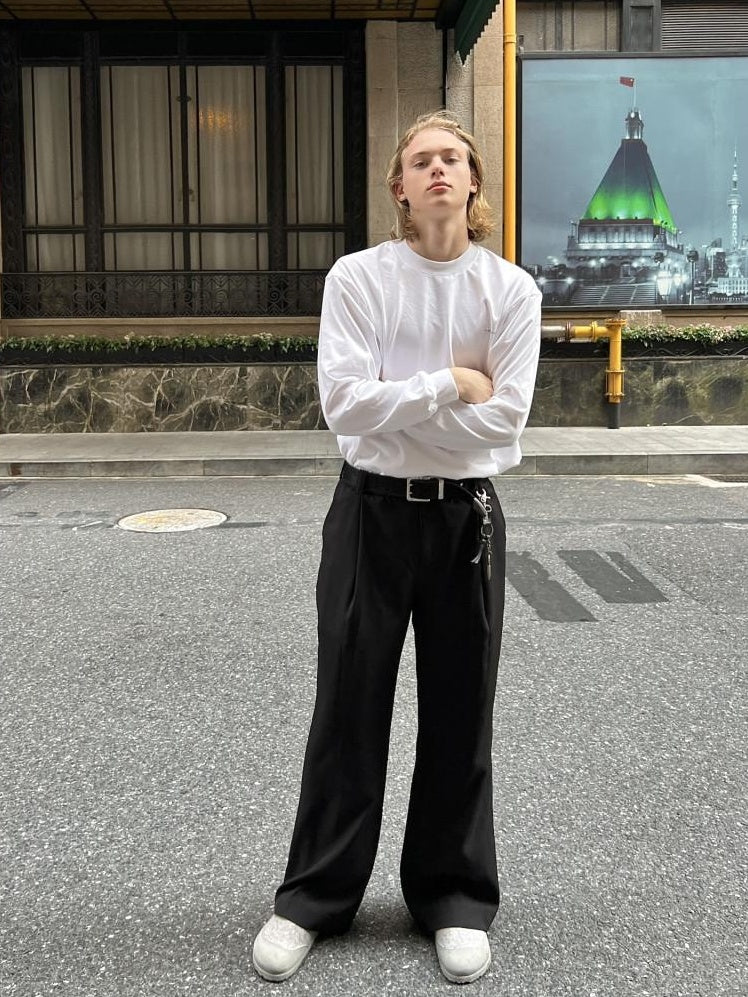 VLABMADE Non Iron High Waist Wide Leg Flare Pocket Casual Polyester Pleated Trousers