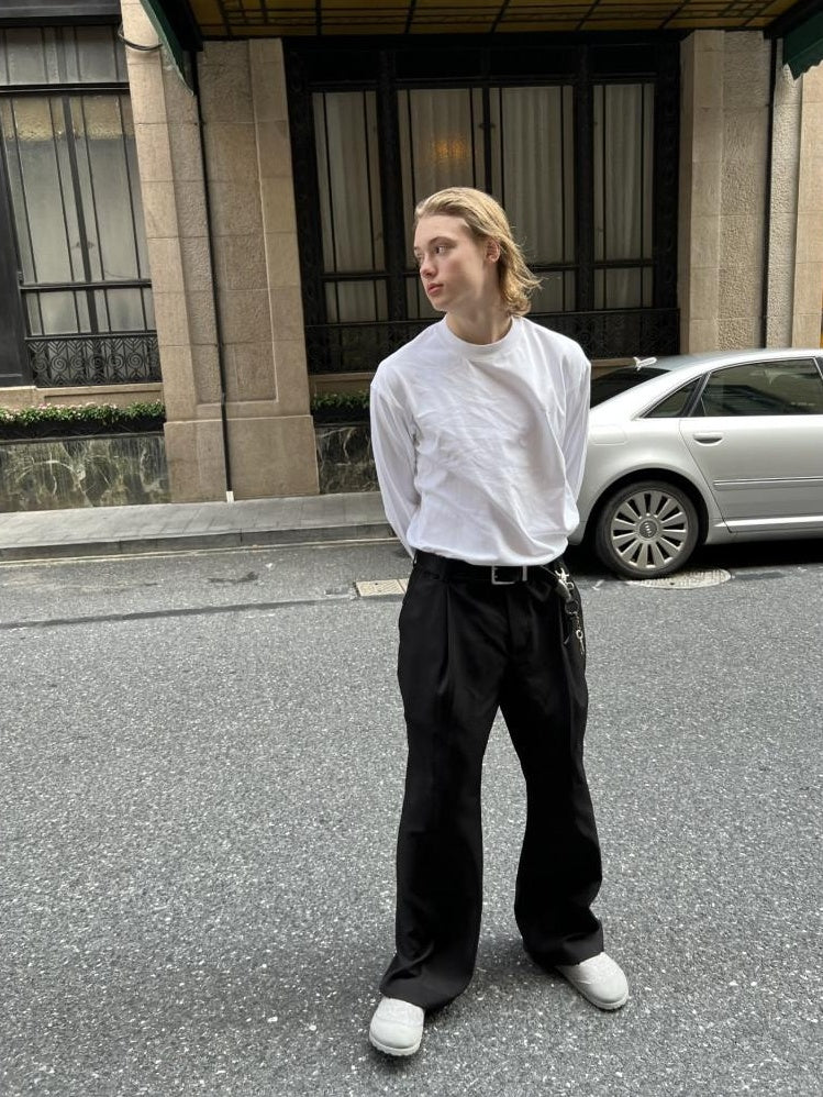 VLABMADE Non Iron High Waist Wide Leg Flare Pocket Casual Polyester Pleated Trousers