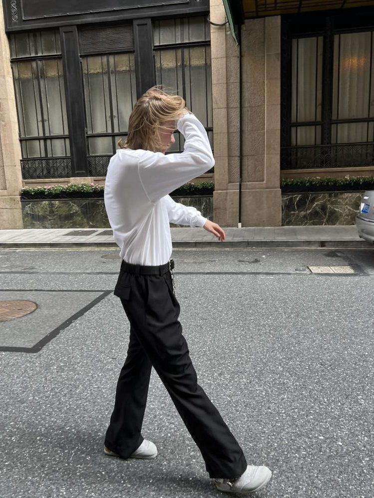 VLABMADE Non Iron High Waist Wide Leg Flare Pocket Casual Polyester Pleated Trousers