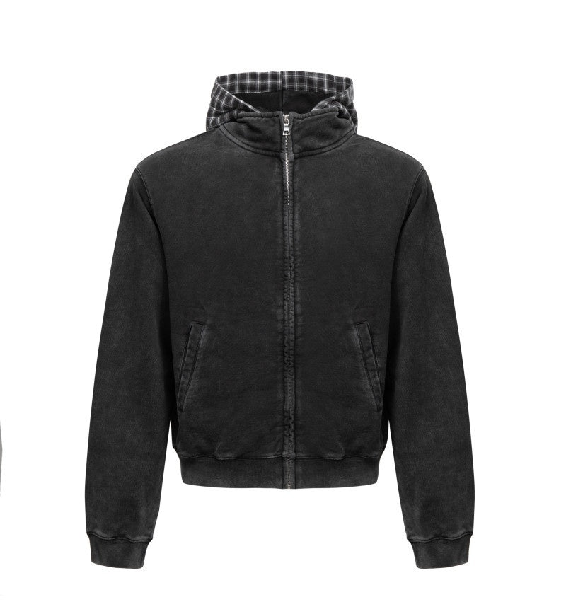 VLABMADE_Plaid_Stand_Collar_Loose_Fit_Trendy_Unisex_Casual_Zip_Up_Black_Hoodies_MISSTT