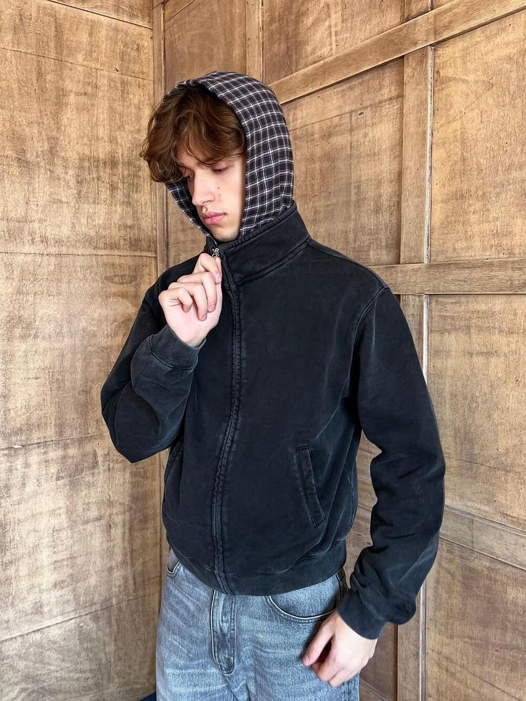 VLABMADE Plaid Stand Collar Loose Fit Trendy Unisex Casual Zip Up Black Hoodies