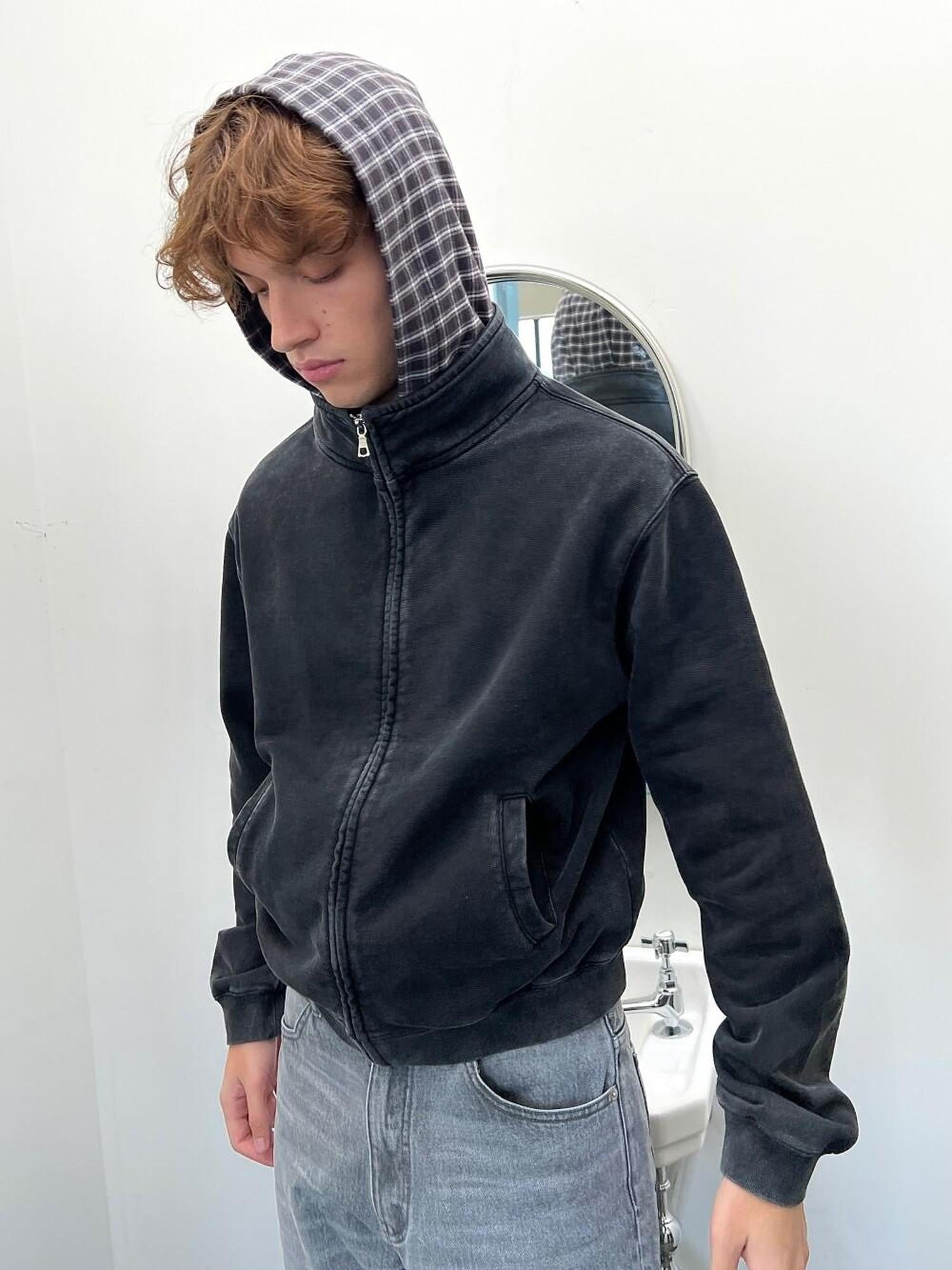 VLABMADE Plaid Stand Collar Loose Fit Trendy Unisex Casual Zip Up Black Hoodies