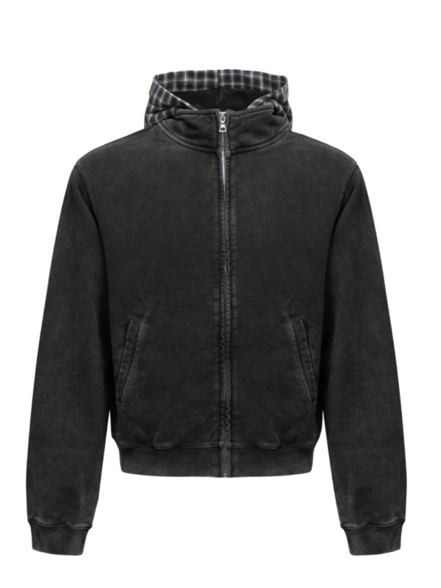 VLABMADE Plaid Stand Collar Loose Fit Trendy Unisex Casual Zip Up Black Hoodies