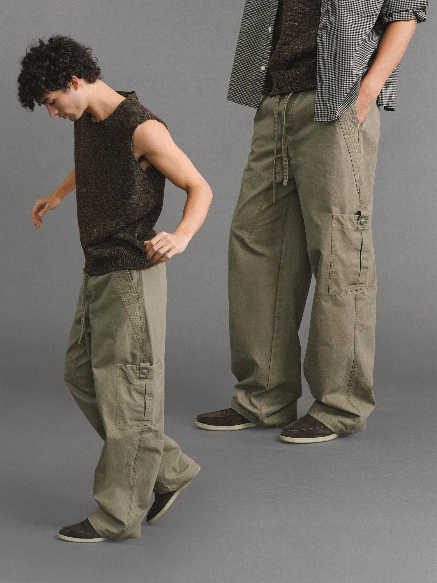 VLABMADE Pure Cotton Distressed Loose Unisex Sand Utility Wide Cargo Pants