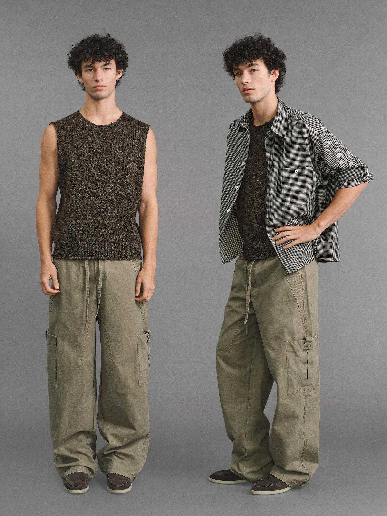 VLABMADE Pure Cotton Distressed Loose Unisex Sand Utility Wide Cargo Pants