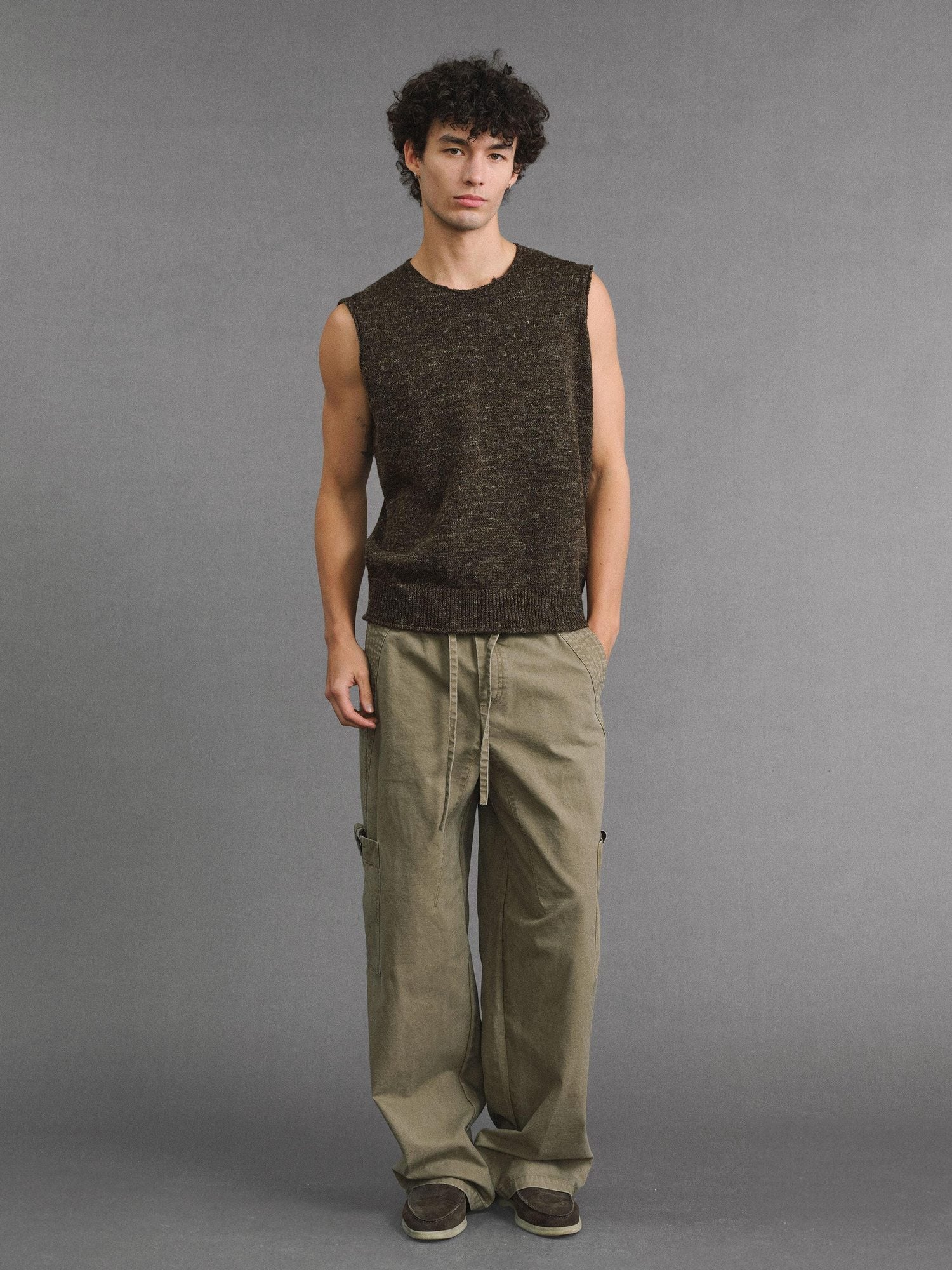 VLABMADE Pure Cotton Distressed Loose Unisex Sand Utility Wide Cargo Pants
