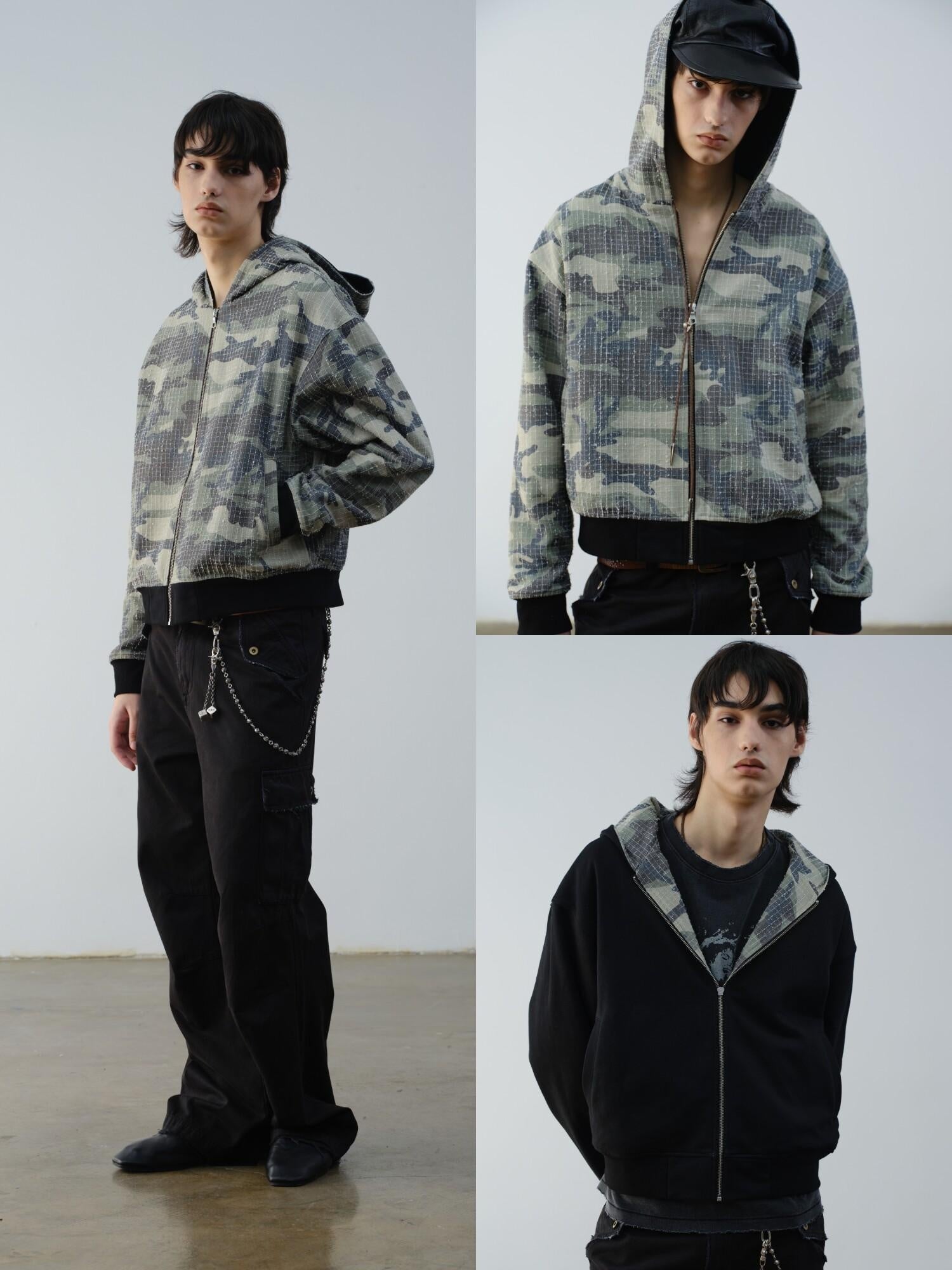 VLABMADE Reversible Camo Cotton Loose Fit Hooded Batwing Short Casual Men Zip Hoodies
