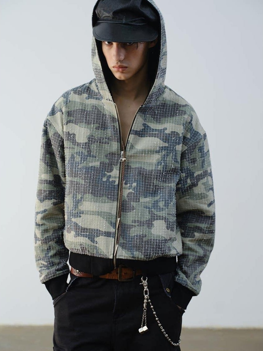 VLABMADE Reversible Camo Cotton Loose Fit Hooded Batwing Short Casual Men Zip Hoodies