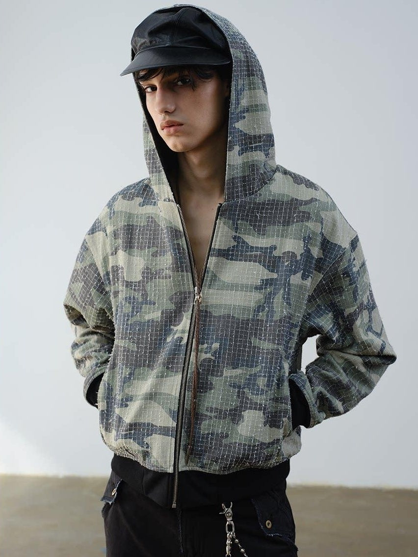 VLABMADE Reversible Camo Cotton Loose Fit Hooded Batwing Short Casual Men Zip Hoodies