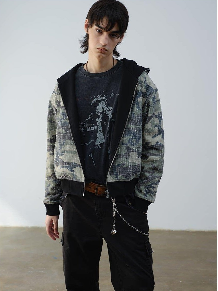 VLABMADE Reversible Camo Cotton Loose Fit Hooded Batwing Short Casual Men Zip Hoodies