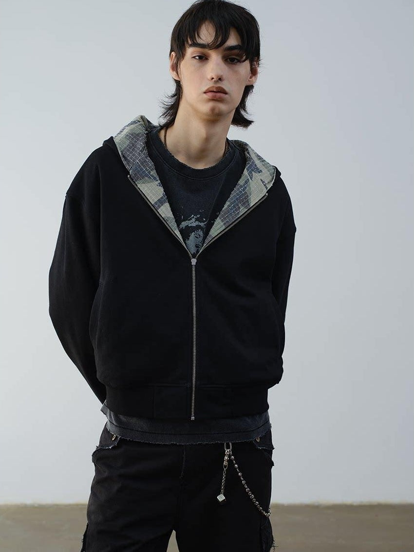 VLABMADE Reversible Camo Cotton Loose Fit Hooded Batwing Short Casual Men Zip Hoodies