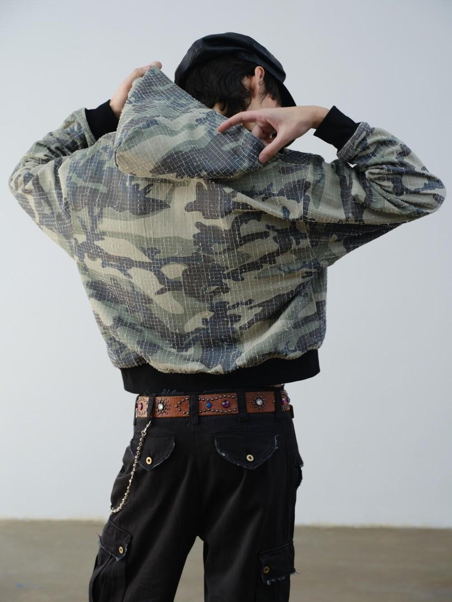 VLABMADE Reversible Camo Cotton Loose Fit Hooded Batwing Short Casual Men Zip Hoodies
