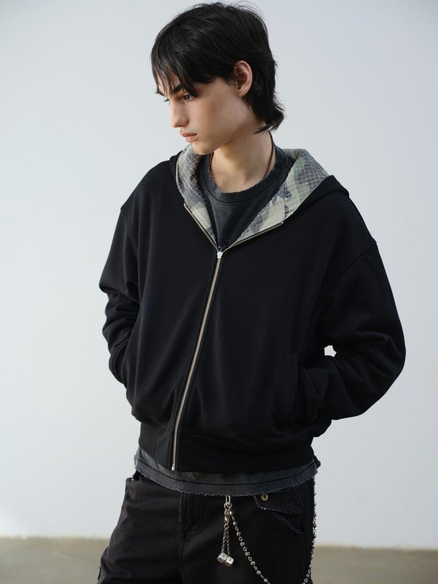 VLABMADE Reversible Camo Cotton Loose Fit Hooded Batwing Short Casual Men Zip Hoodies