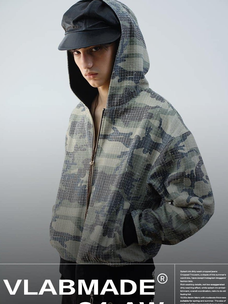 VLABMADE Reversible Camo Cotton Loose Fit Hooded Batwing Short Casual Men Zip Hoodies