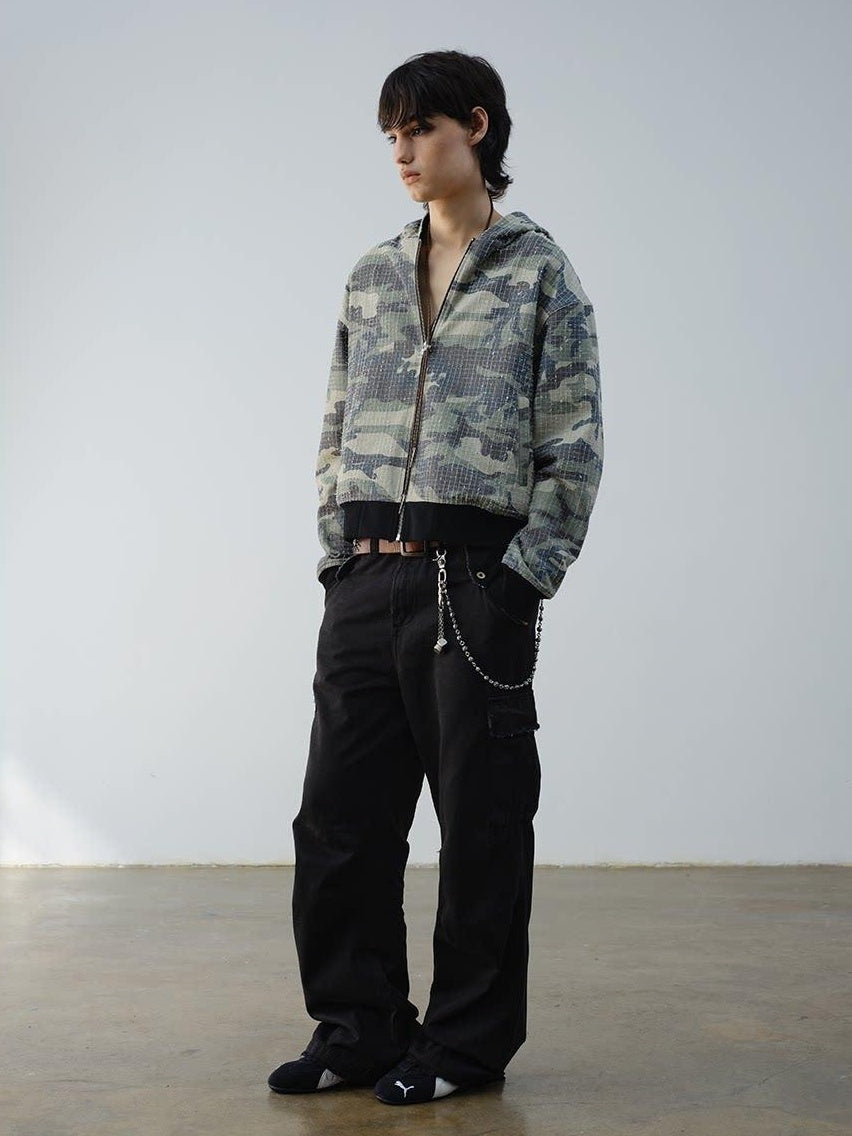 VLABMADE Reversible Camo Cotton Loose Fit Hooded Batwing Short Casual Men Zip Hoodies