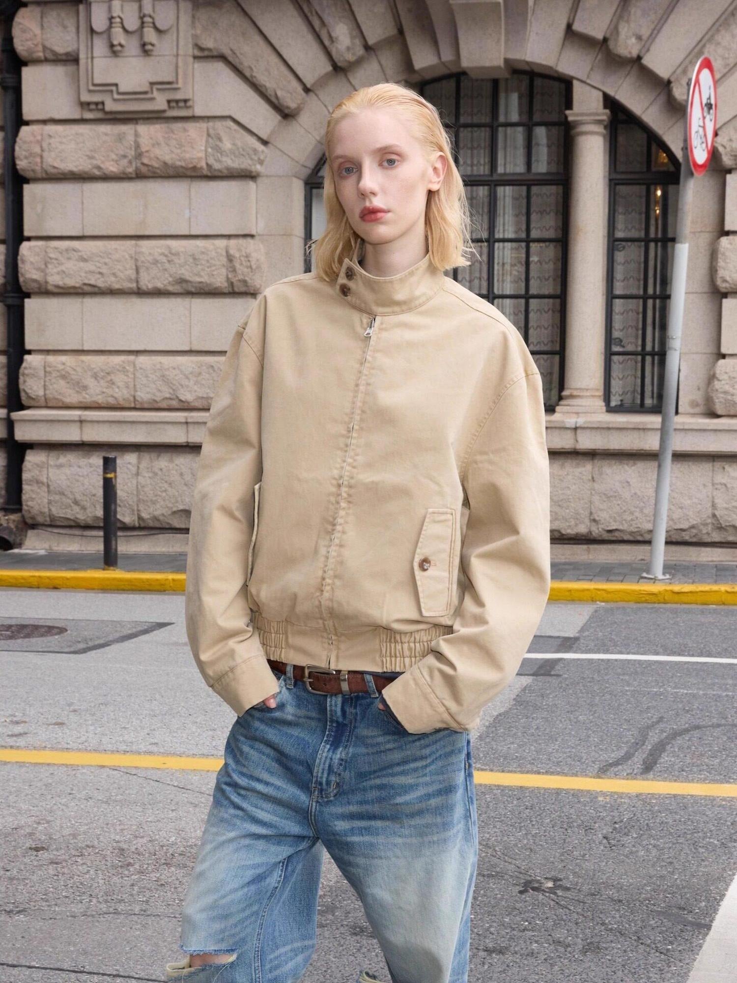 VLABMADE Reversible Vintage Relaxed Cotton Unisex Khaki Plaid Zipper Harrington Jackets