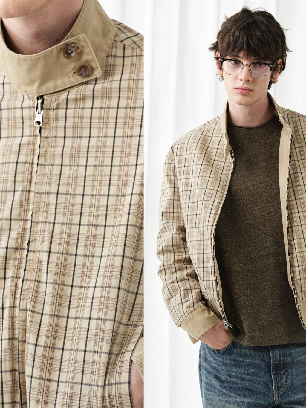VLABMADE Reversible Vintage Relaxed Cotton Unisex Khaki Plaid Zipper Harrington Jackets