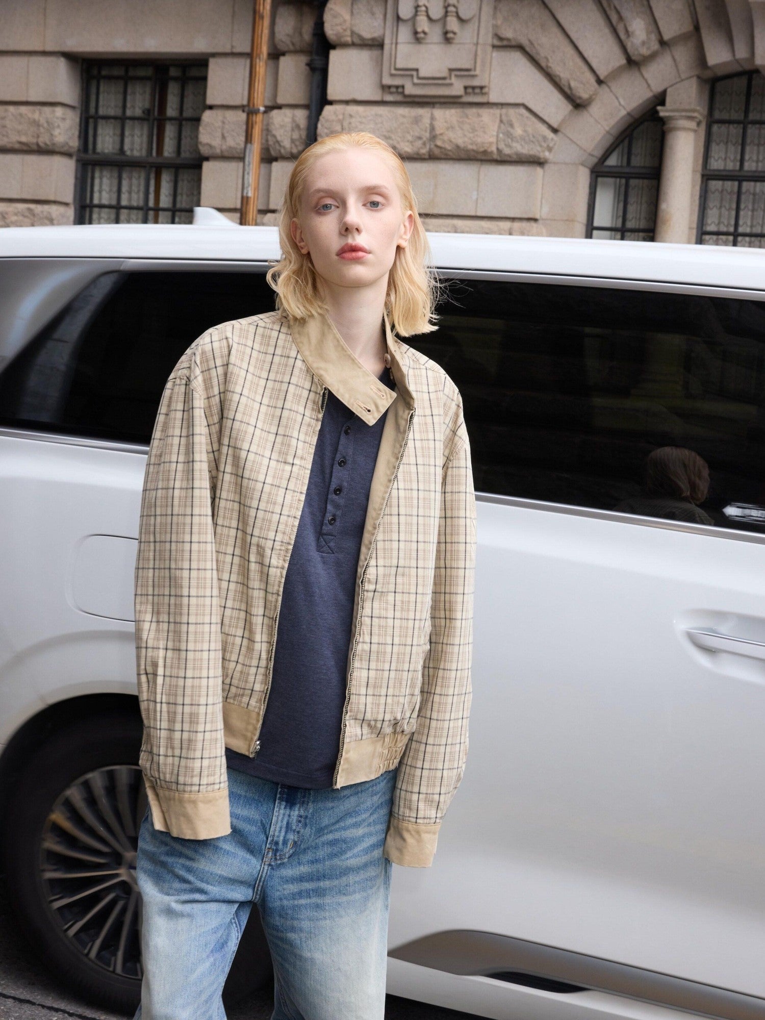 VLABMADE Reversible Vintage Relaxed Cotton Unisex Khaki Plaid Zipper Harrington Jackets