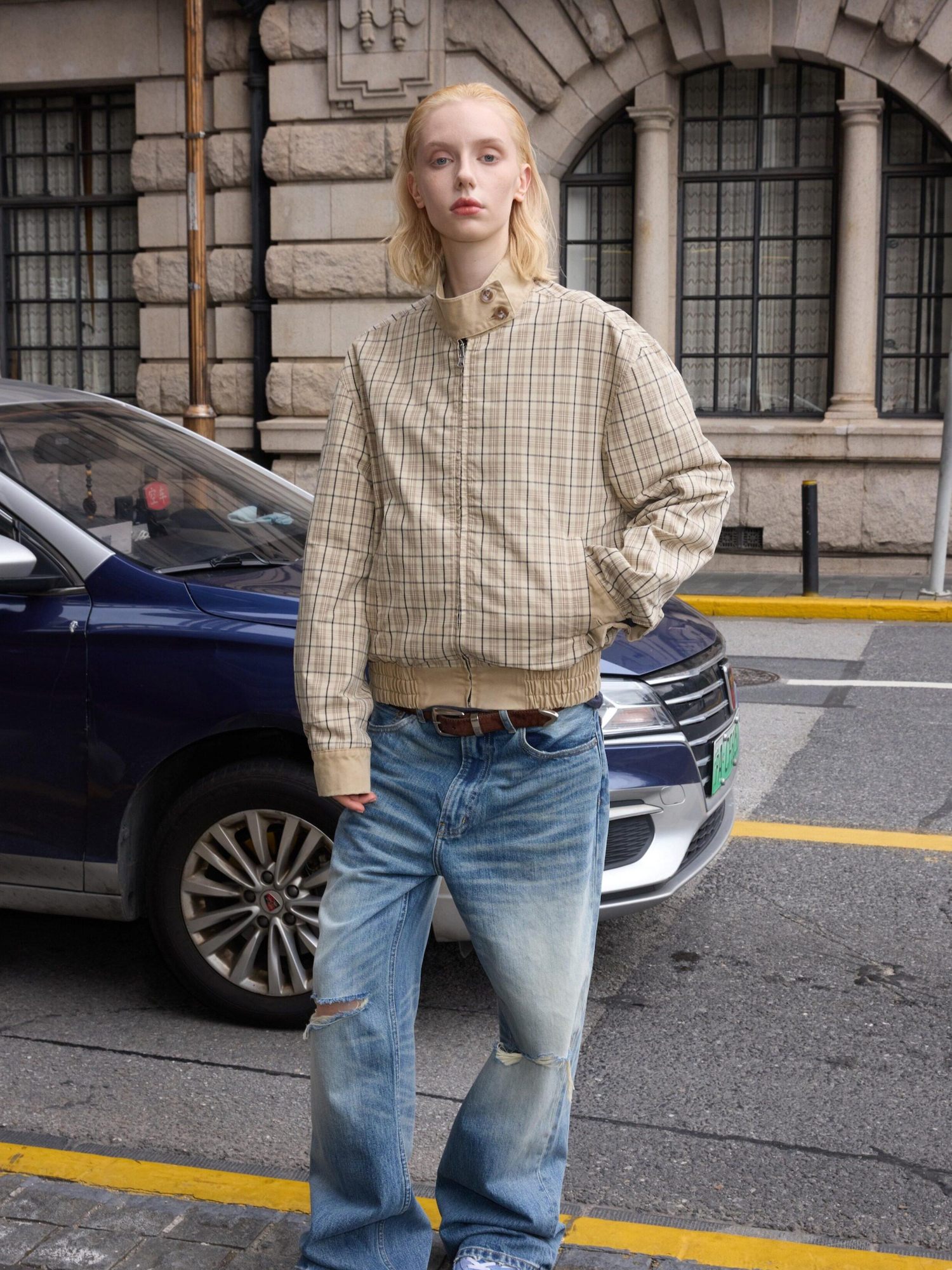 VLABMADE Reversible Vintage Relaxed Cotton Unisex Khaki Plaid Zipper Harrington Jackets