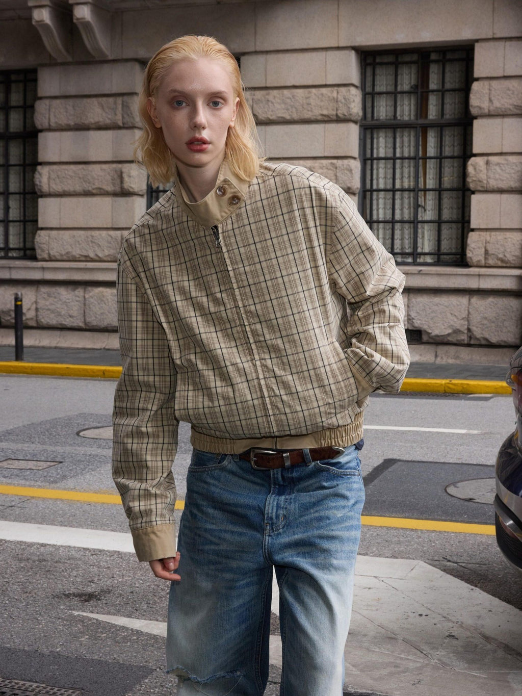 VLABMADE Reversible Vintage Relaxed Cotton Unisex Khaki Plaid Zipper Harrington Jackets