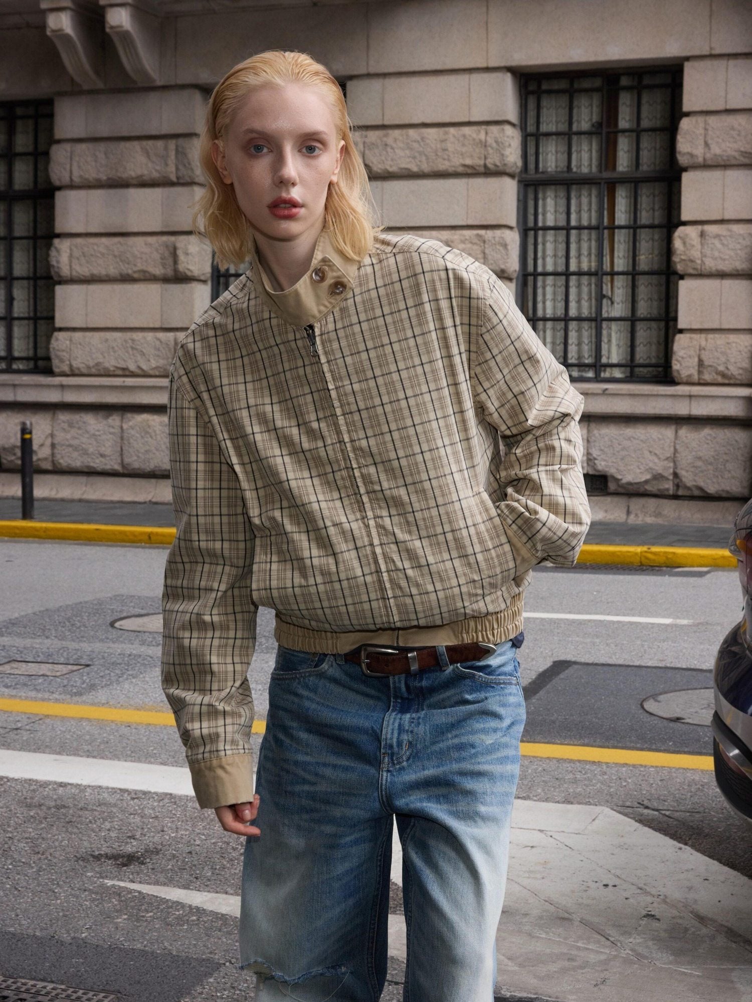 VLABMADE Reversible Vintage Relaxed Cotton Unisex Khaki Plaid Zipper Harrington Jackets