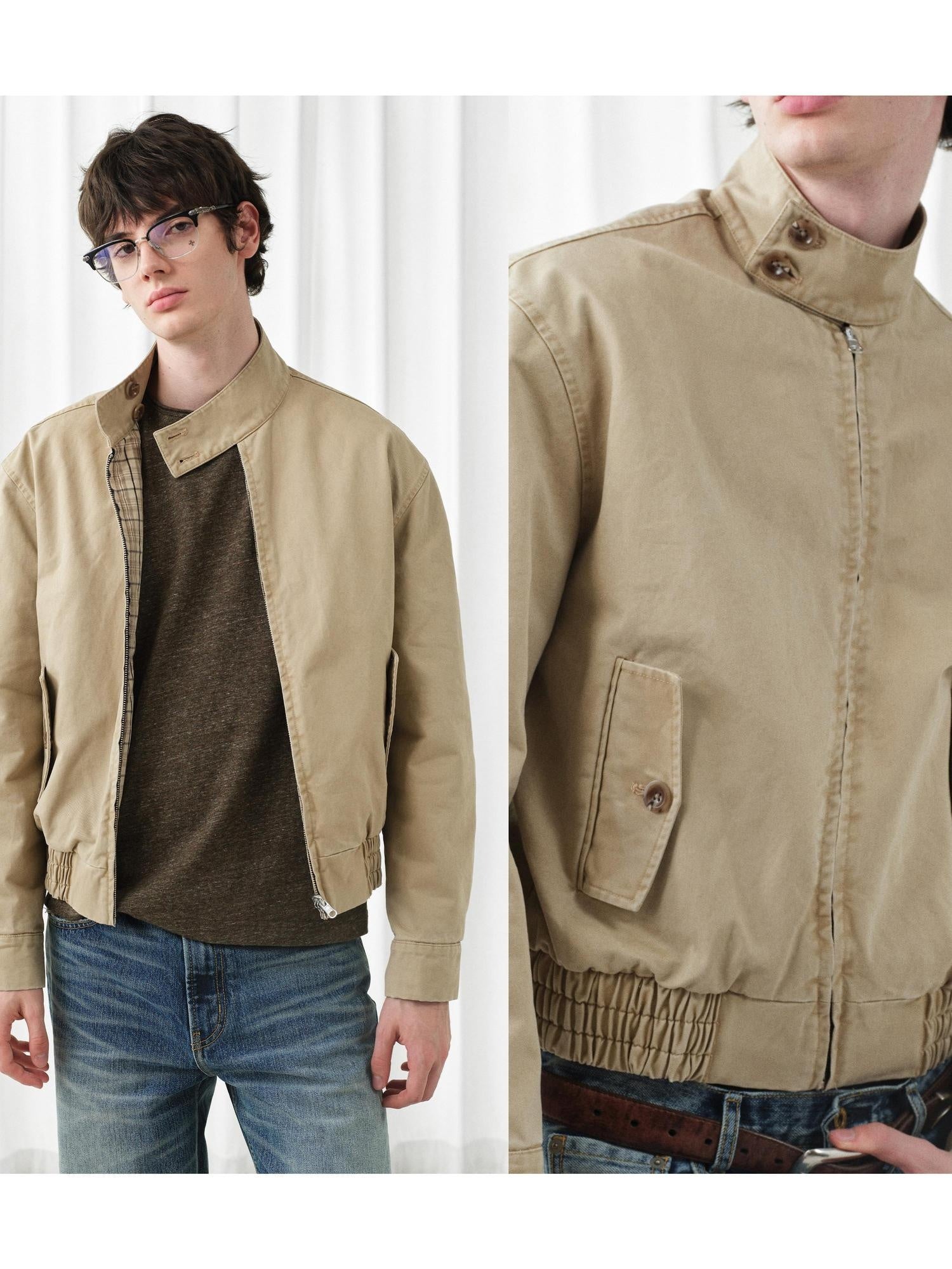 VLABMADE Reversible Vintage Relaxed Cotton Unisex Khaki Plaid Zipper Harrington Jackets
