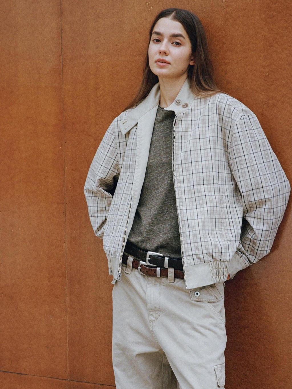 VLABMADE Reversible Vintage Relaxed Cotton Unisex Khaki Plaid Zipper Harrington Jackets