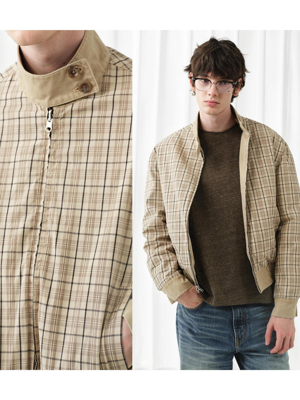 VLABMADE Reversible Vintage Relaxed Cotton Unisex Khaki Plaid Zipper Harrington Jackets