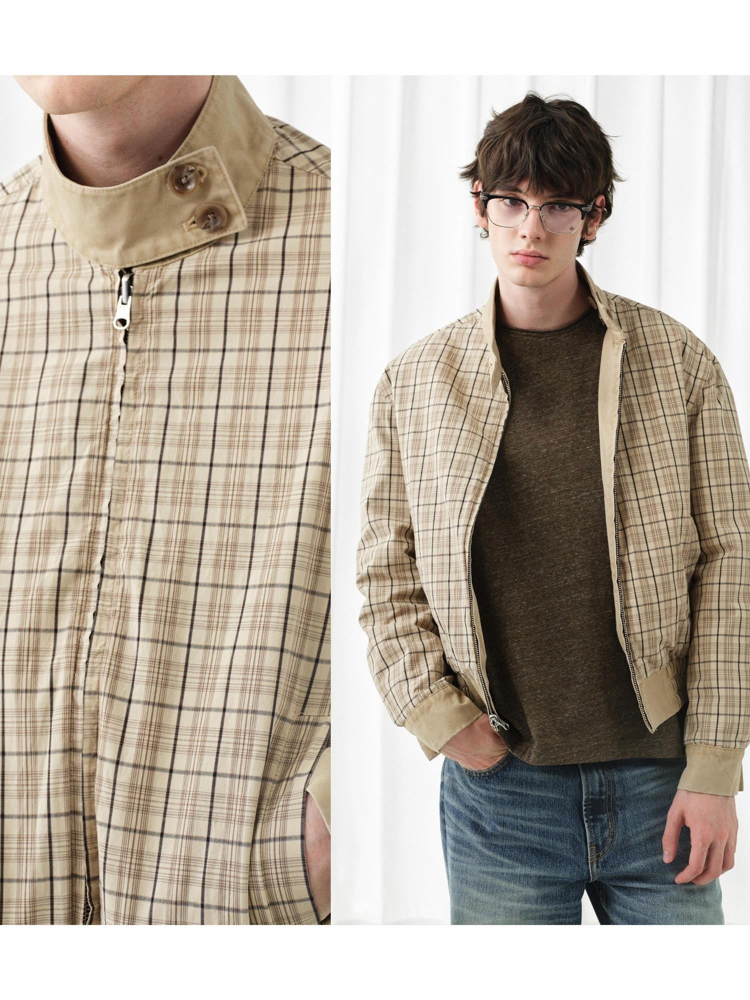 VLABMADE Reversible Vintage Relaxed Cotton Unisex Khaki Plaid Zipper Harrington Jackets