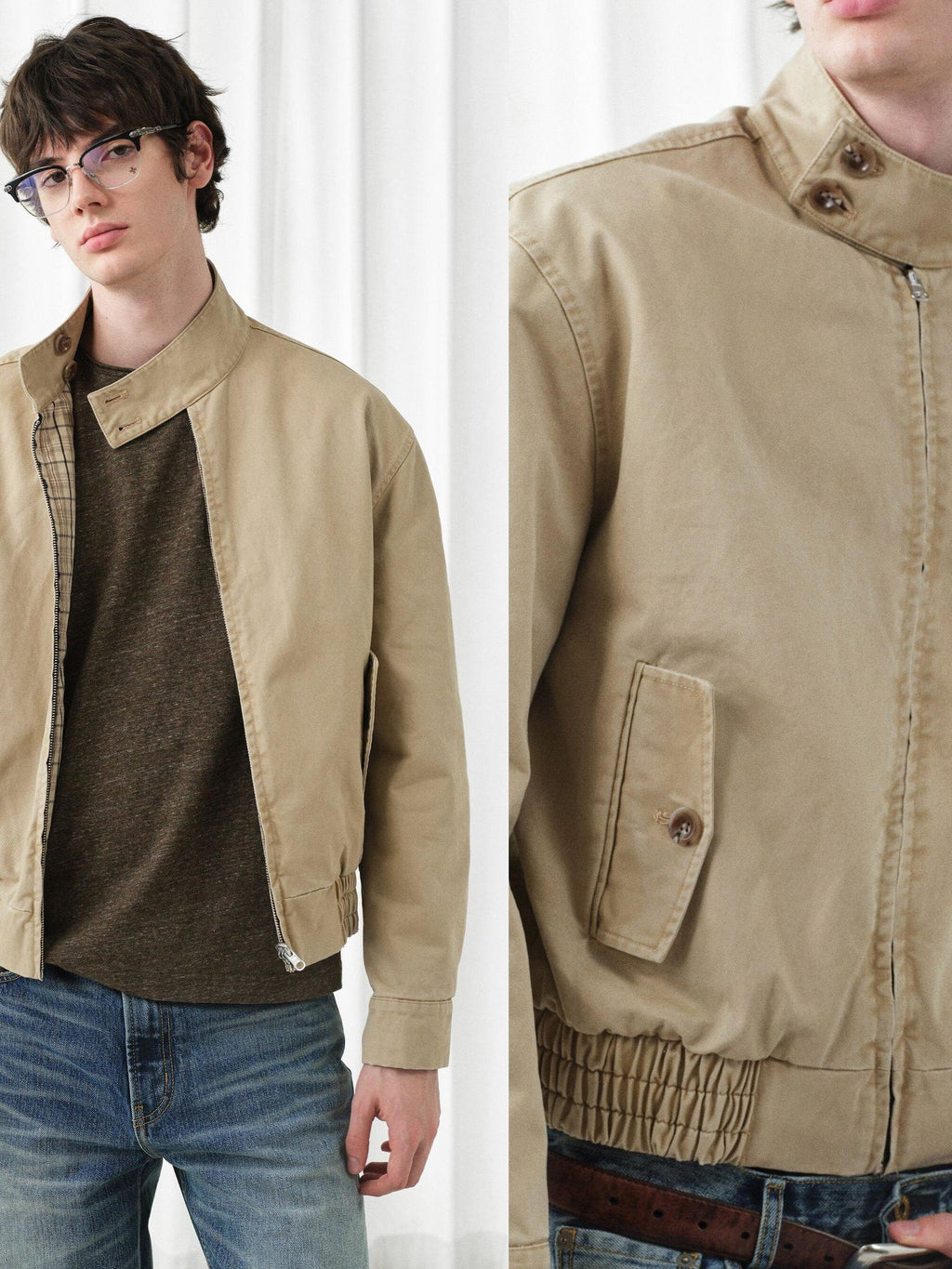 VLABMADE Reversible Vintage Relaxed Cotton Unisex Khaki Plaid Zipper Harrington Jackets